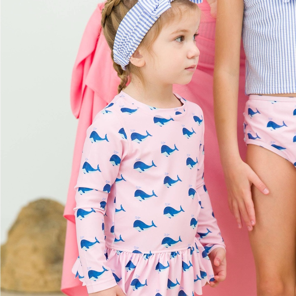 Rufflebutts Pink Whale Rash Guard Swimsuit Set 3T 5 - Picture 7 of 7